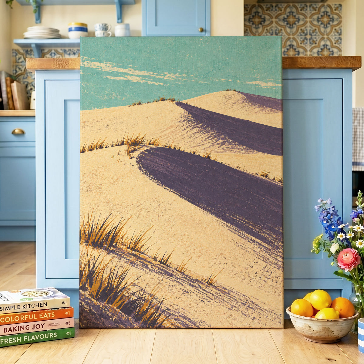 Dunes in Violet Shade, beige, purple, blue nature wall art displayed in a styled interior, gallery view 7