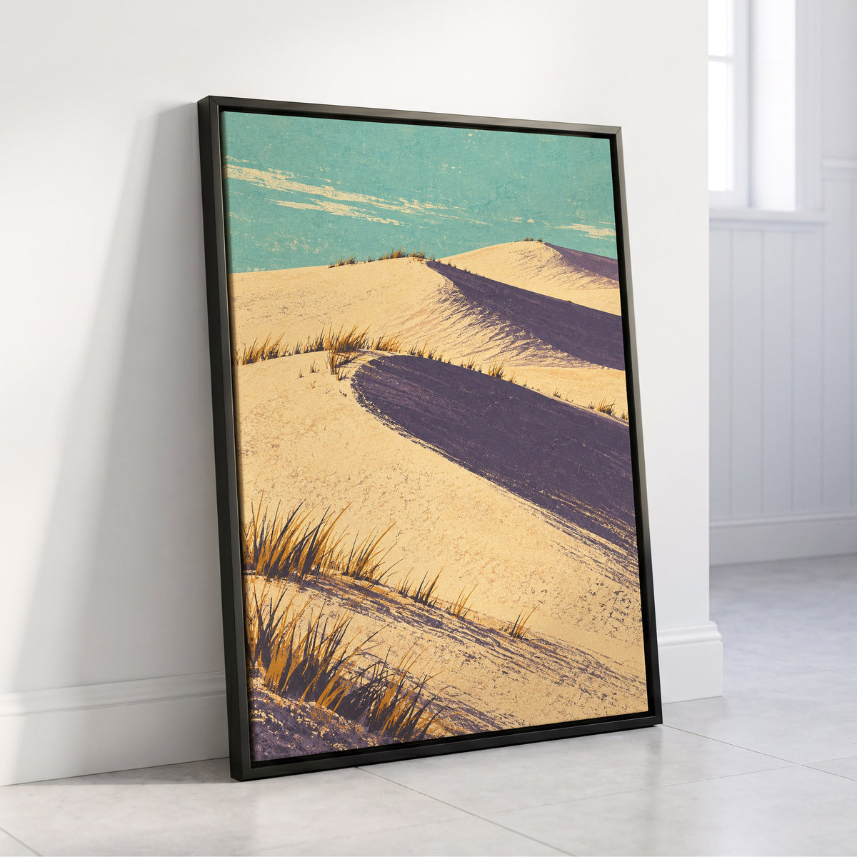 Dunes in Violet Shade, beige, purple, blue nature wall art displayed in a styled interior, gallery view 8