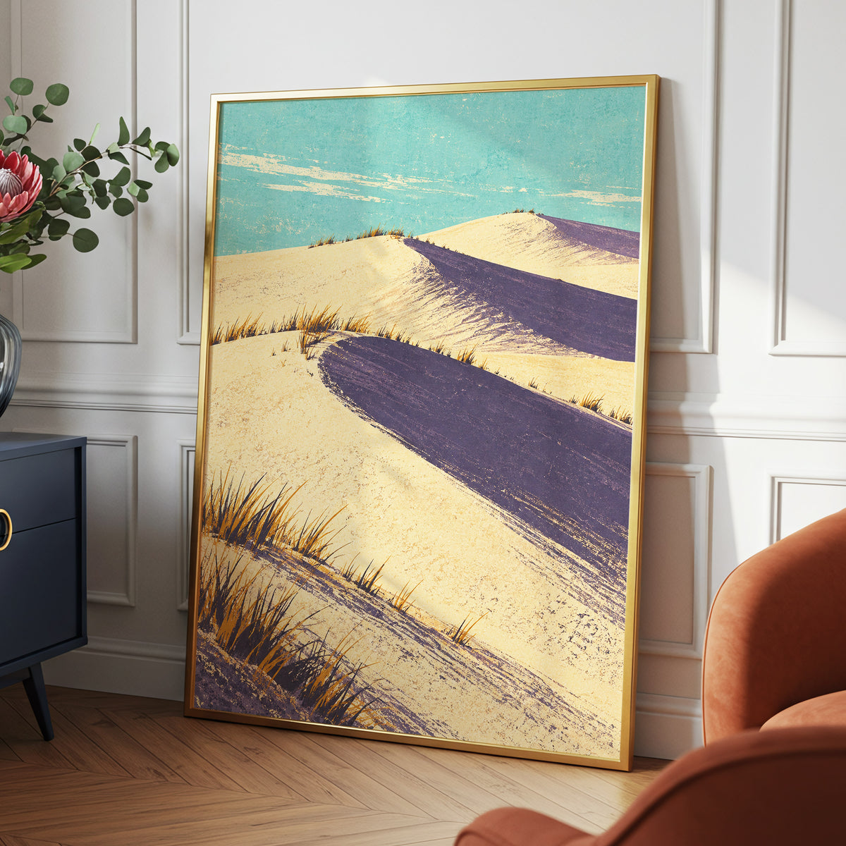 Dunes in Violet Shade, beige, purple, blue nature wall art displayed in a styled interior, gallery view 9