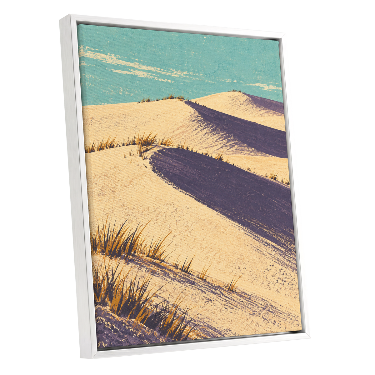 Dunes in Violet Shade, beige, purple, blue nature wall art shown as a white framed canvas wall art