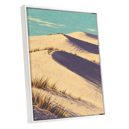 Dunes in Violet Shade, beige, purple, blue nature wall art shown as a white framed canvas wall art