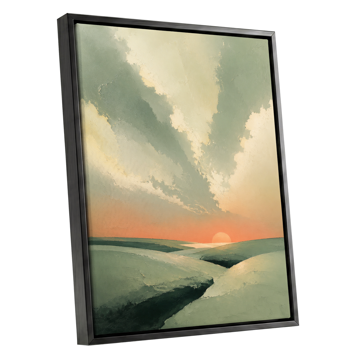 Dusk Across Quiet Hills, green, beige, orange nature wall art shown as a black framed canvas wall art