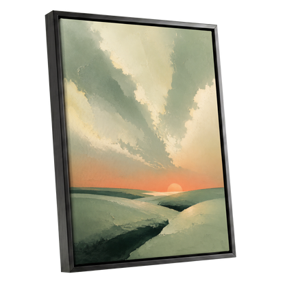 Dusk Across Quiet Hills, green, beige, orange nature wall art shown as a black framed canvas wall art