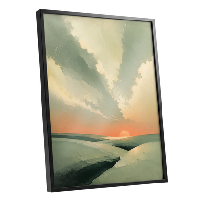 Dusk Across Quiet Hills, green, beige, orange nature wall art shown as a black framed poster wall art print