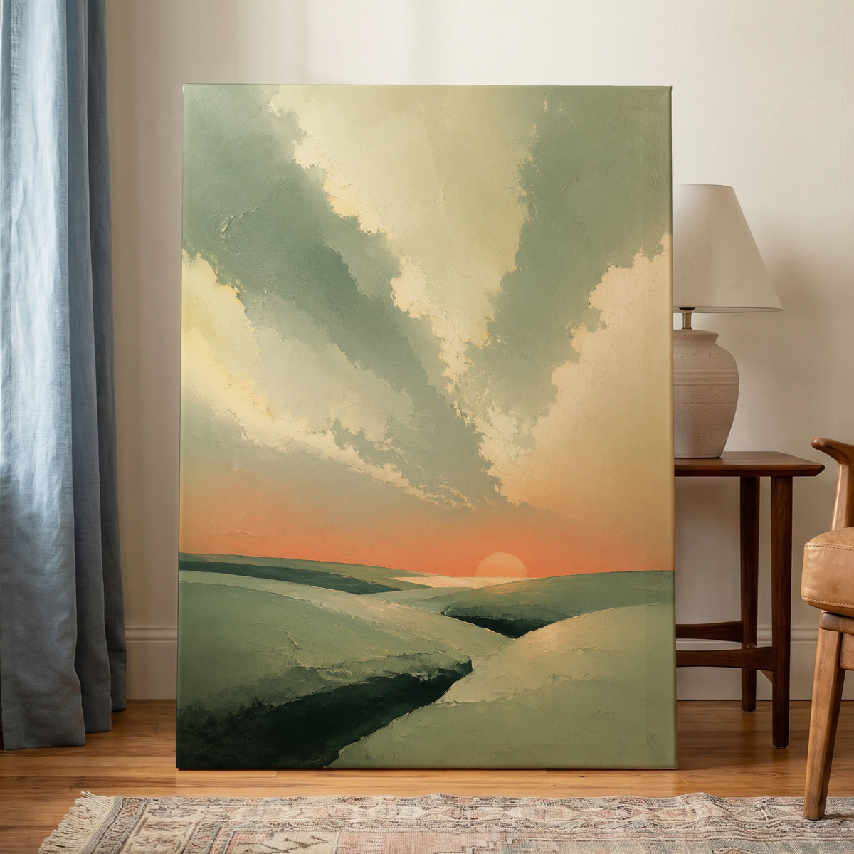 Dusk Across Quiet Hills, green, beige, orange nature wall art on canvas displayed in a styled interior, gallery view 1