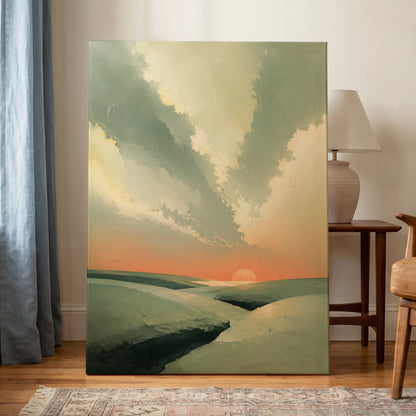 Dusk Across Quiet Hills, green, beige, orange nature wall art on canvas displayed in a styled interior, gallery view 1