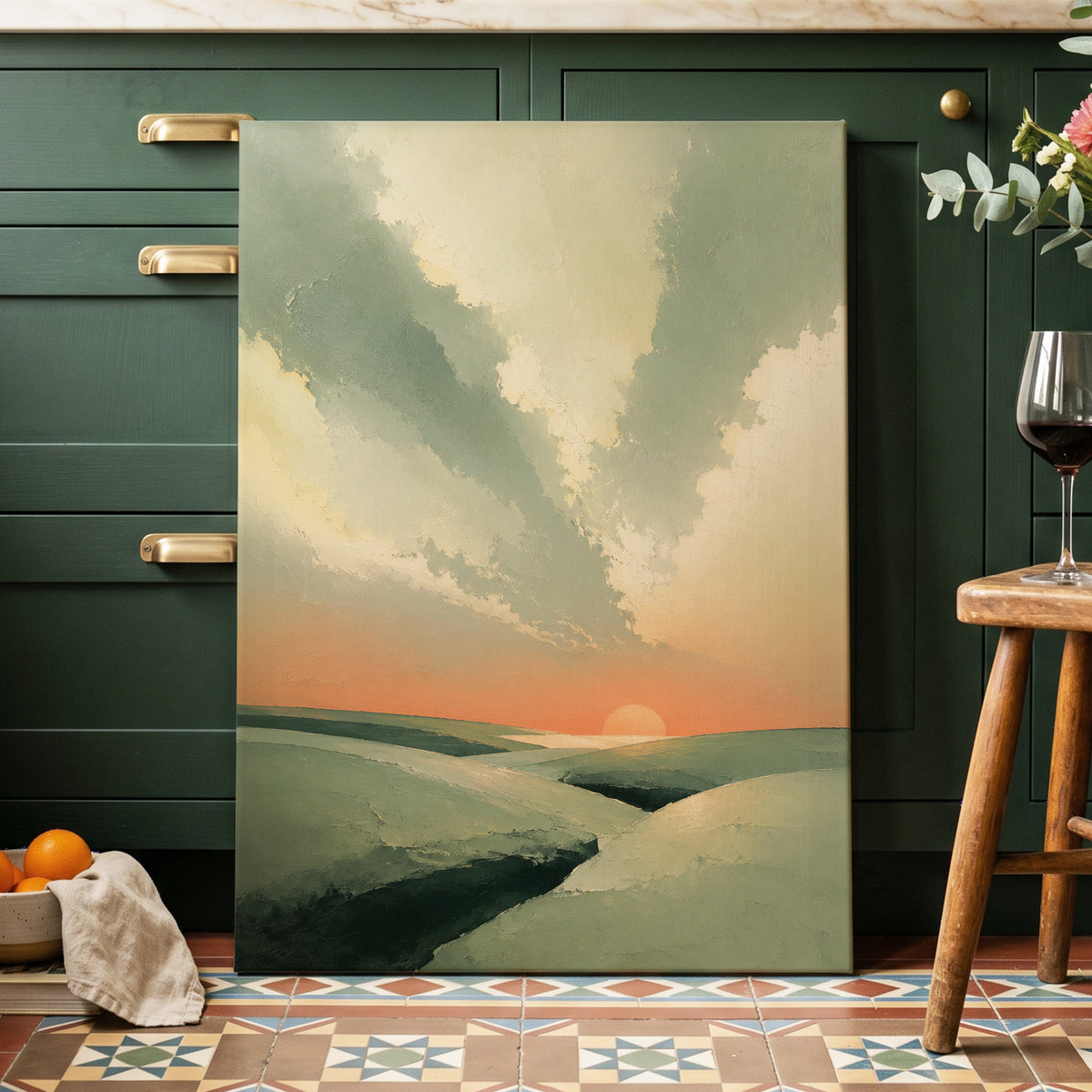 Dusk Across Quiet Hills, green, beige, orange nature wall art on canvas displayed in a styled interior, gallery view 2