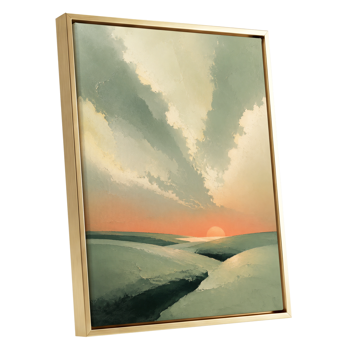 Dusk Across Quiet Hills, green, beige, orange nature wall art shown as a gold framed canvas wall art