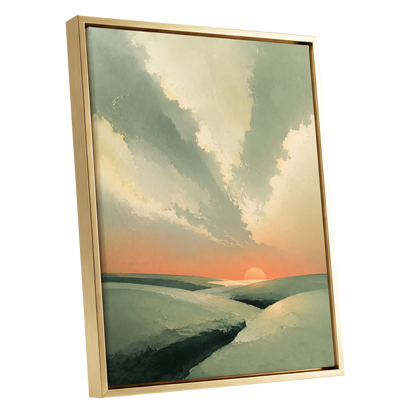 Dusk Across Quiet Hills, green, beige, orange nature wall art shown as a gold framed canvas wall art