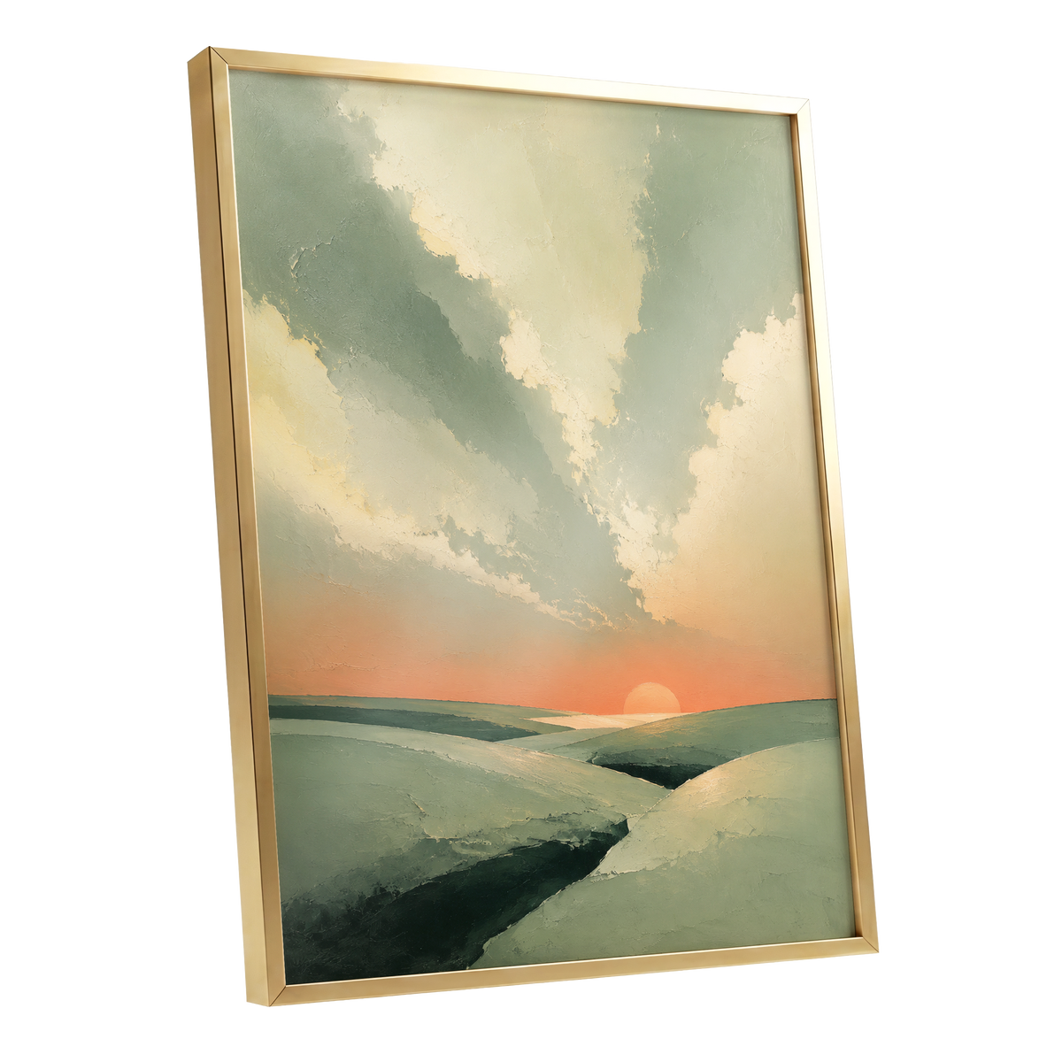 Dusk Across Quiet Hills, green, beige, orange nature wall art shown as a gold framed poster wall art print