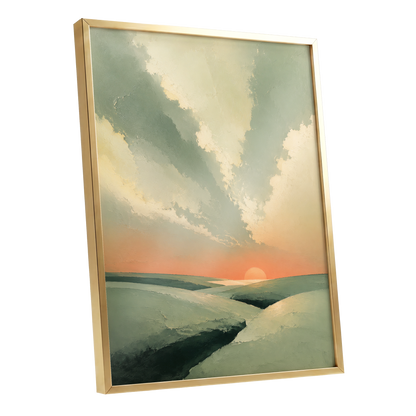 Dusk Across Quiet Hills, green, beige, orange nature wall art shown as a gold framed poster wall art print
