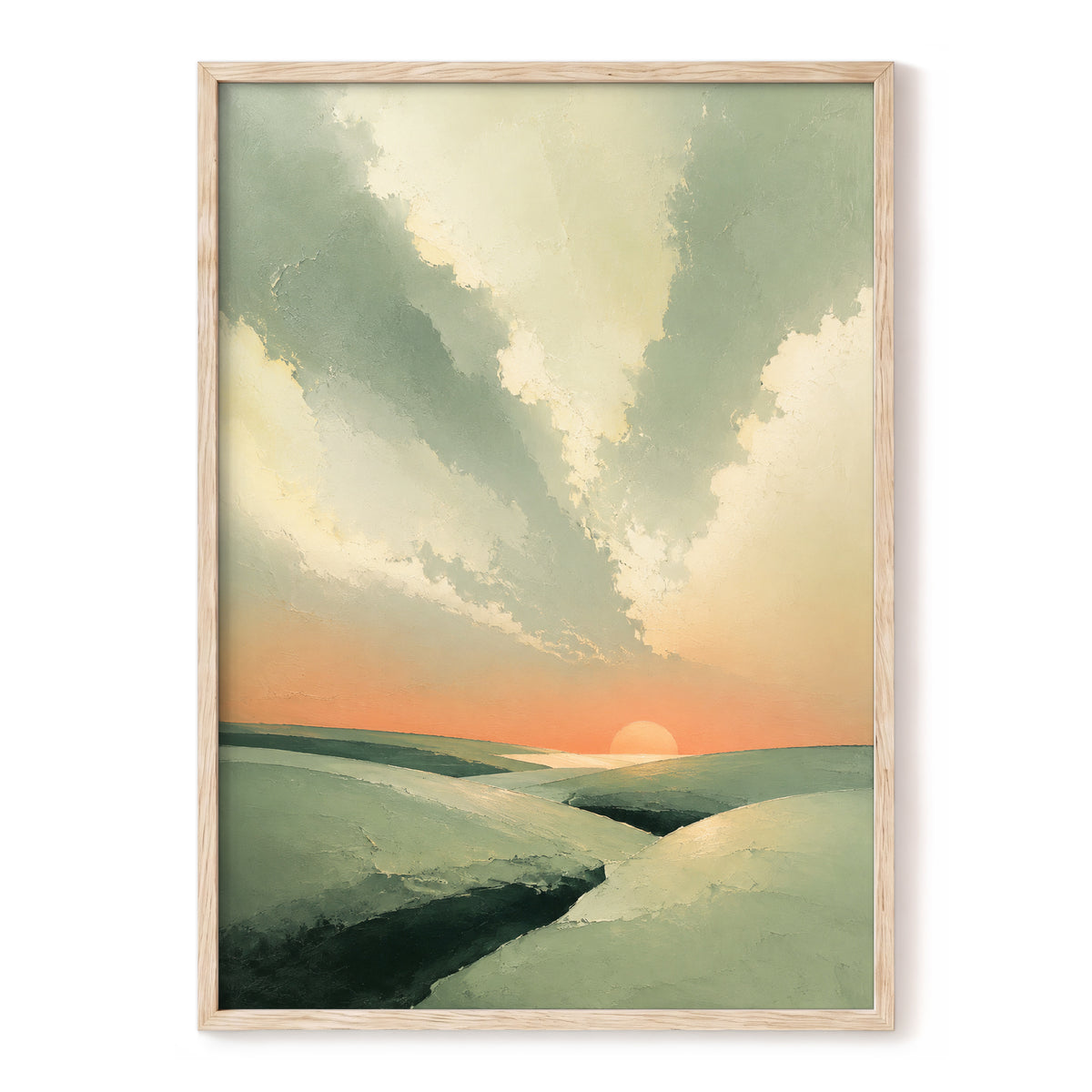 Dusk Across Quiet Hills, green, beige, orange nature wall art, front artwork view