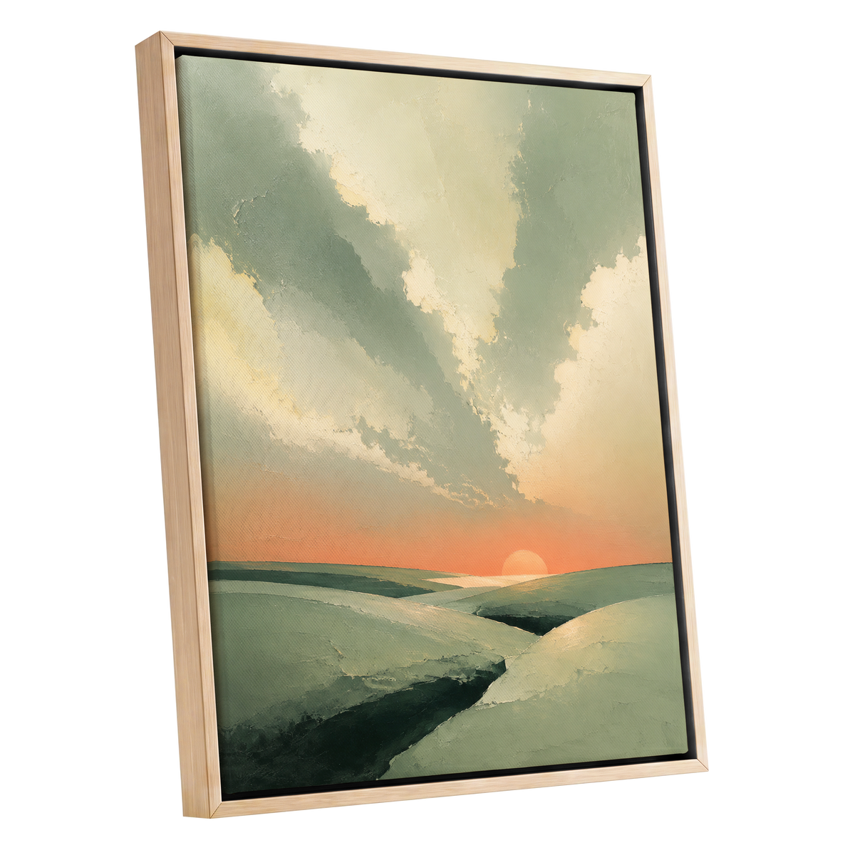 Dusk Across Quiet Hills, green, beige, orange nature wall art shown as a oak framed canvas wall art