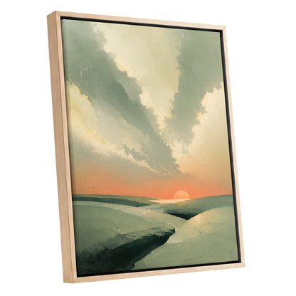 Dusk Across Quiet Hills, green, beige, orange nature wall art shown as a oak framed canvas wall art