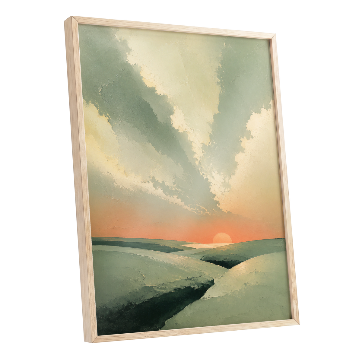 Dusk Across Quiet Hills, green, beige, orange nature wall art shown as a oak framed poster wall art print