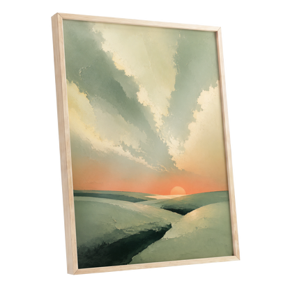 Dusk Across Quiet Hills, green, beige, orange nature wall art shown as a oak framed poster wall art print