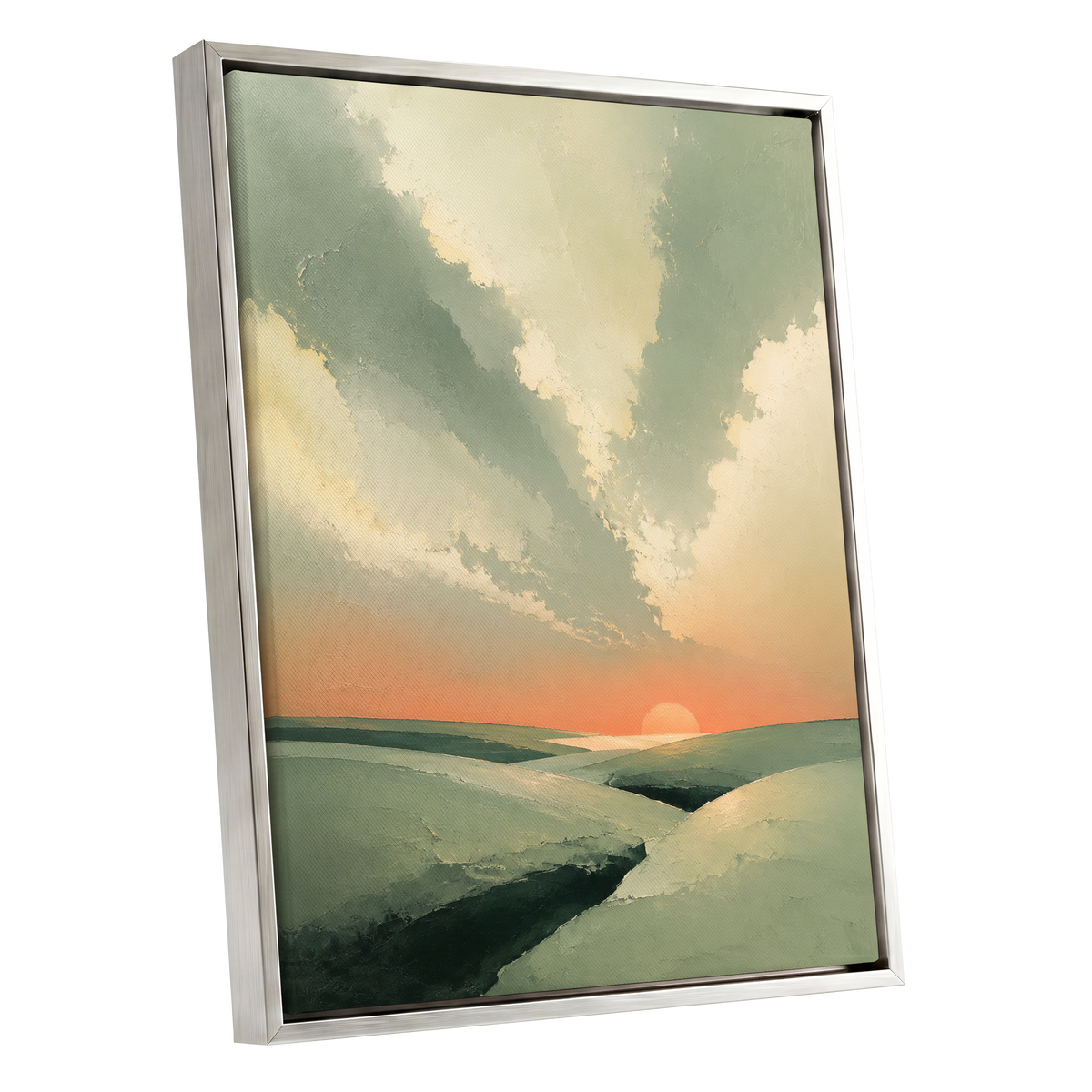 Dusk Across Quiet Hills, green, beige, orange nature wall art shown as a silver framed canvas wall art