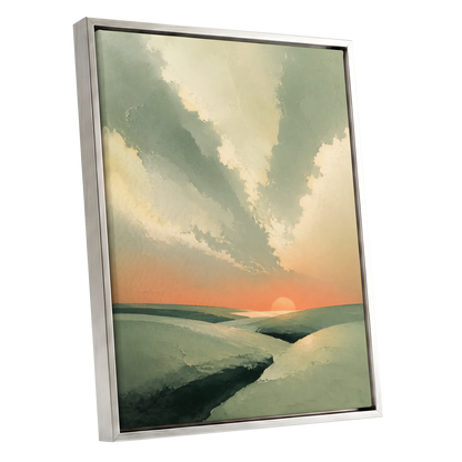 Dusk Across Quiet Hills, green, beige, orange nature wall art shown as a silver framed canvas wall art