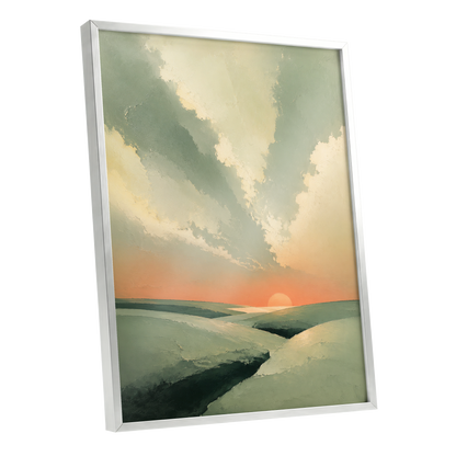 Dusk Across Quiet Hills, green, beige, orange nature wall art shown as a silver framed poster wall art print