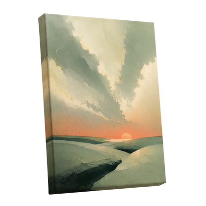 Dusk Across Quiet Hills, green, beige, orange nature wall art shown as a stretched canvas wall art