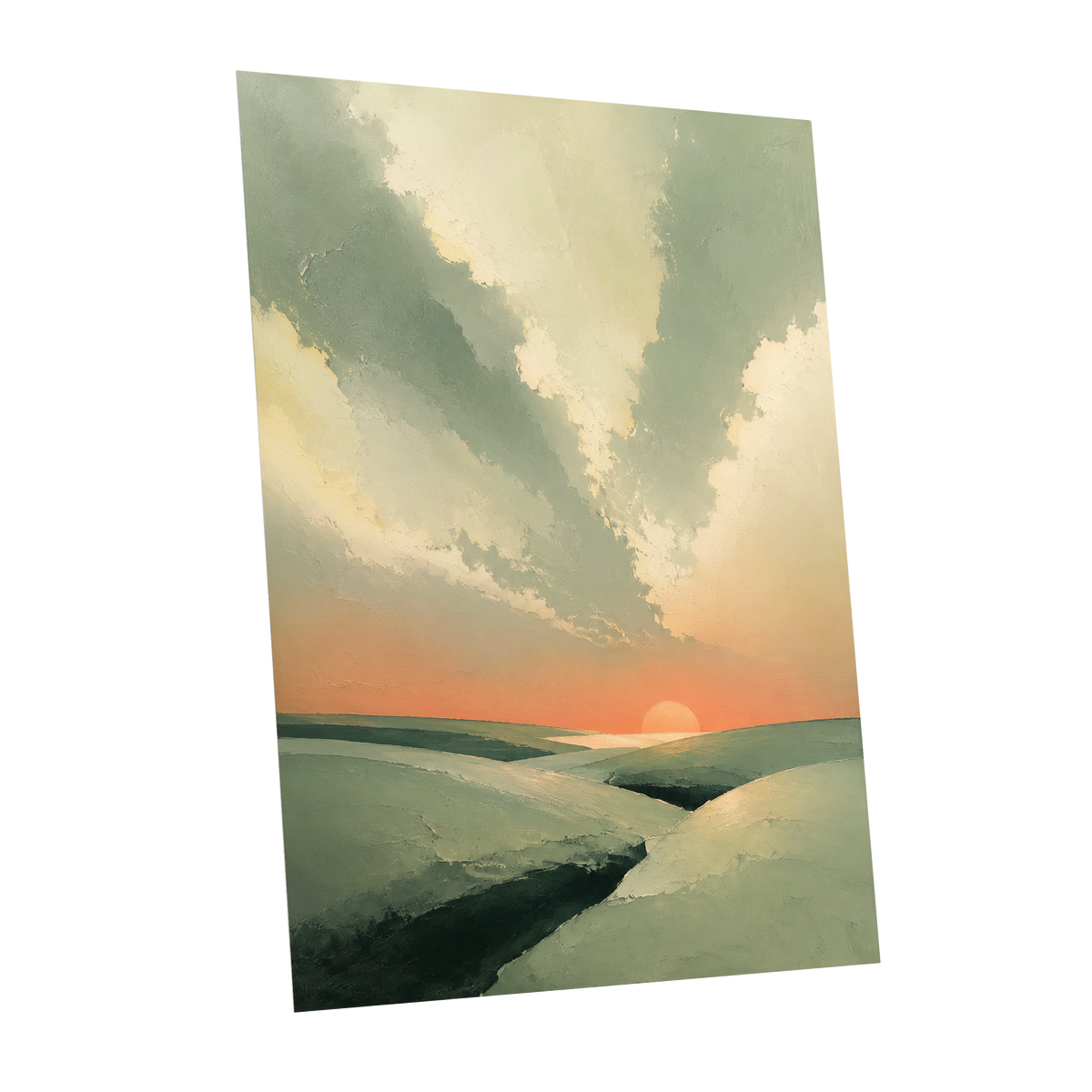 Dusk Across Quiet Hills, green, beige, orange nature wall art shown as a unframed poster wall art print