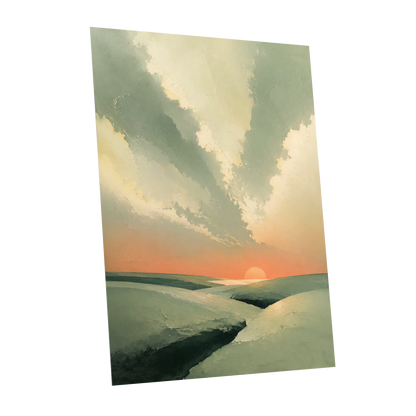 Dusk Across Quiet Hills, green, beige, orange nature wall art shown as a unframed poster wall art print