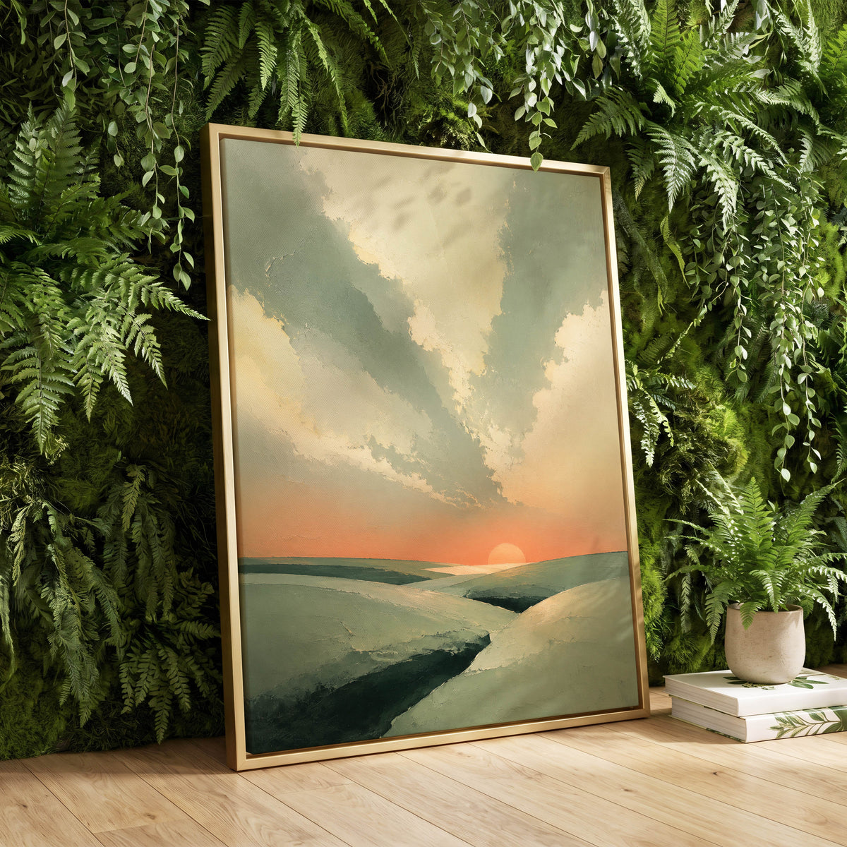 Dusk Across Quiet Hills, green, beige, orange nature wall art displayed in a styled interior, gallery view 1