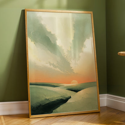 Dusk Across Quiet Hills, green, beige, orange nature wall art displayed in a styled interior, gallery view 2