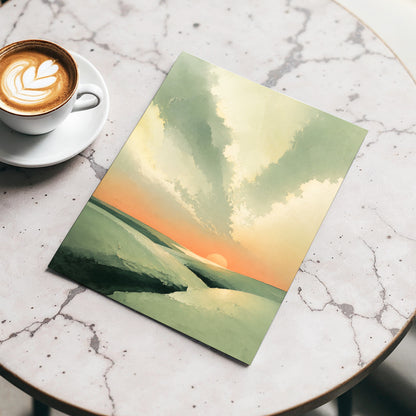 Dusk Across Quiet Hills, green, beige, orange nature wall art displayed in a styled interior, gallery view 3