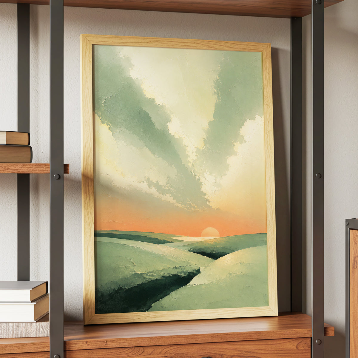 Dusk Across Quiet Hills, green, beige, orange nature wall art displayed in a styled interior, gallery view 4