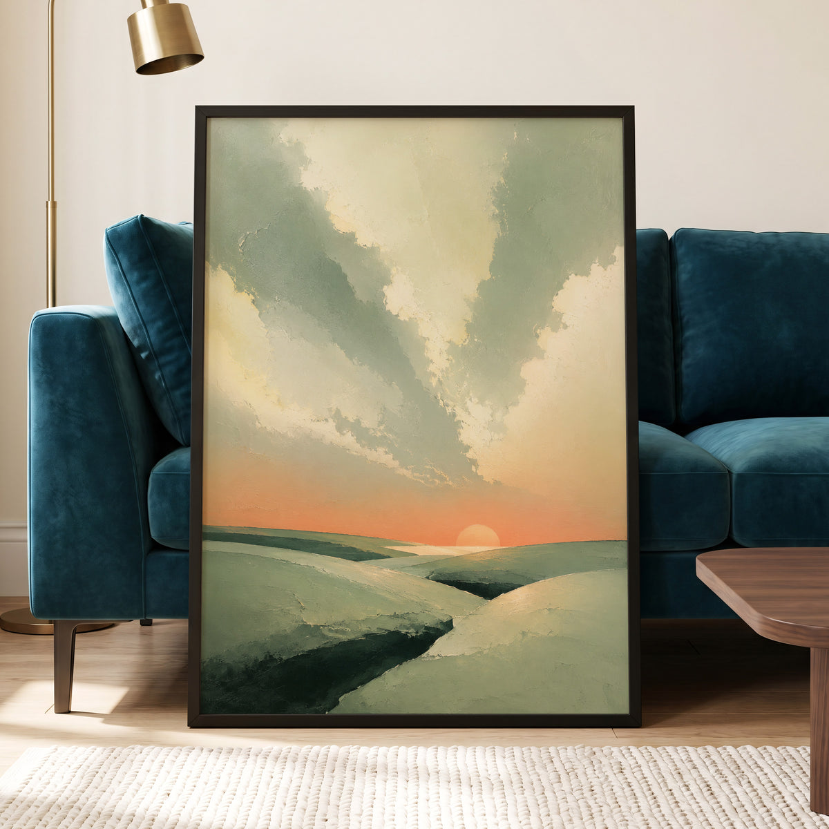Dusk Across Quiet Hills, green, beige, orange nature wall art displayed in a styled interior, gallery view 5
