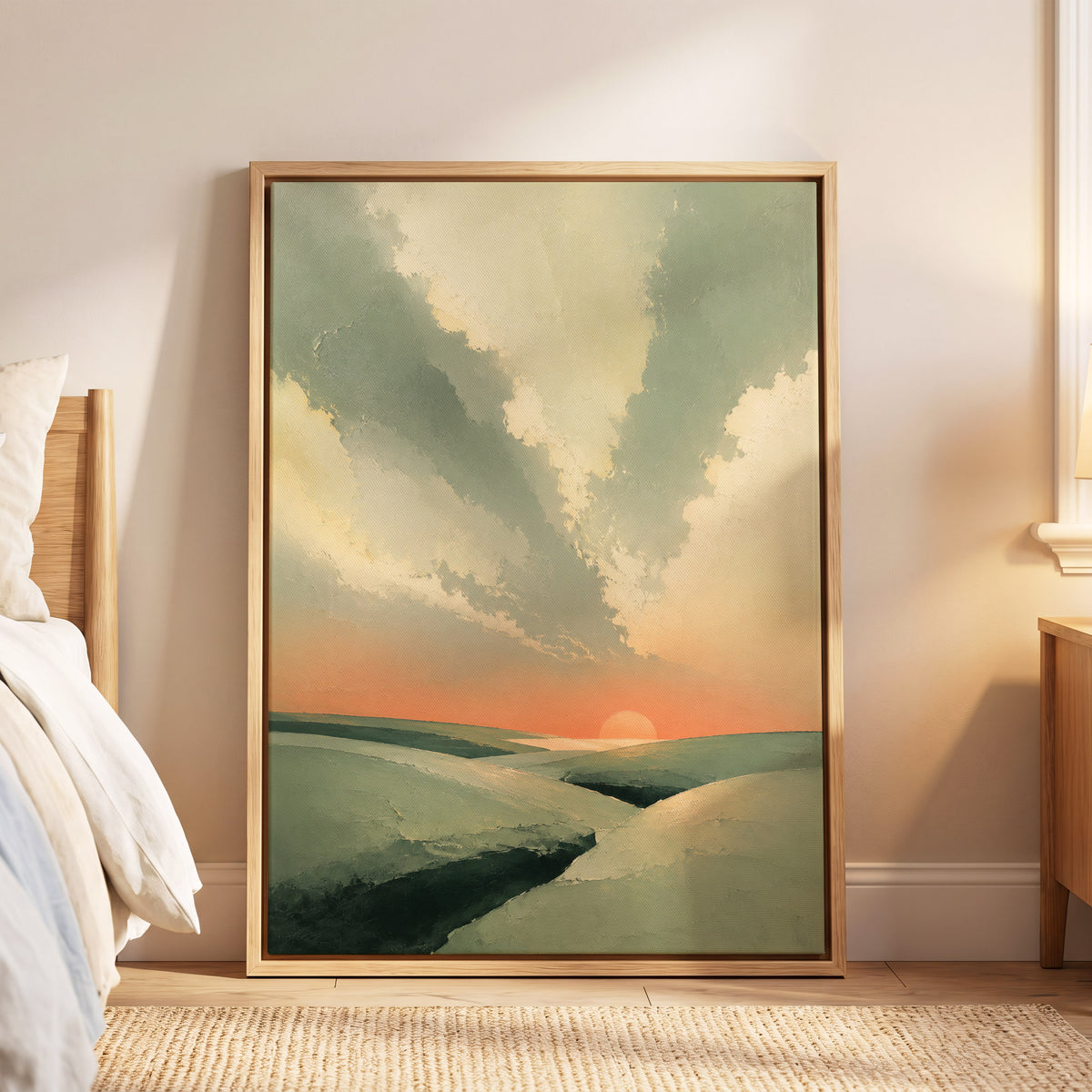 Dusk Across Quiet Hills, green, beige, orange nature wall art displayed in a styled interior, gallery view 6