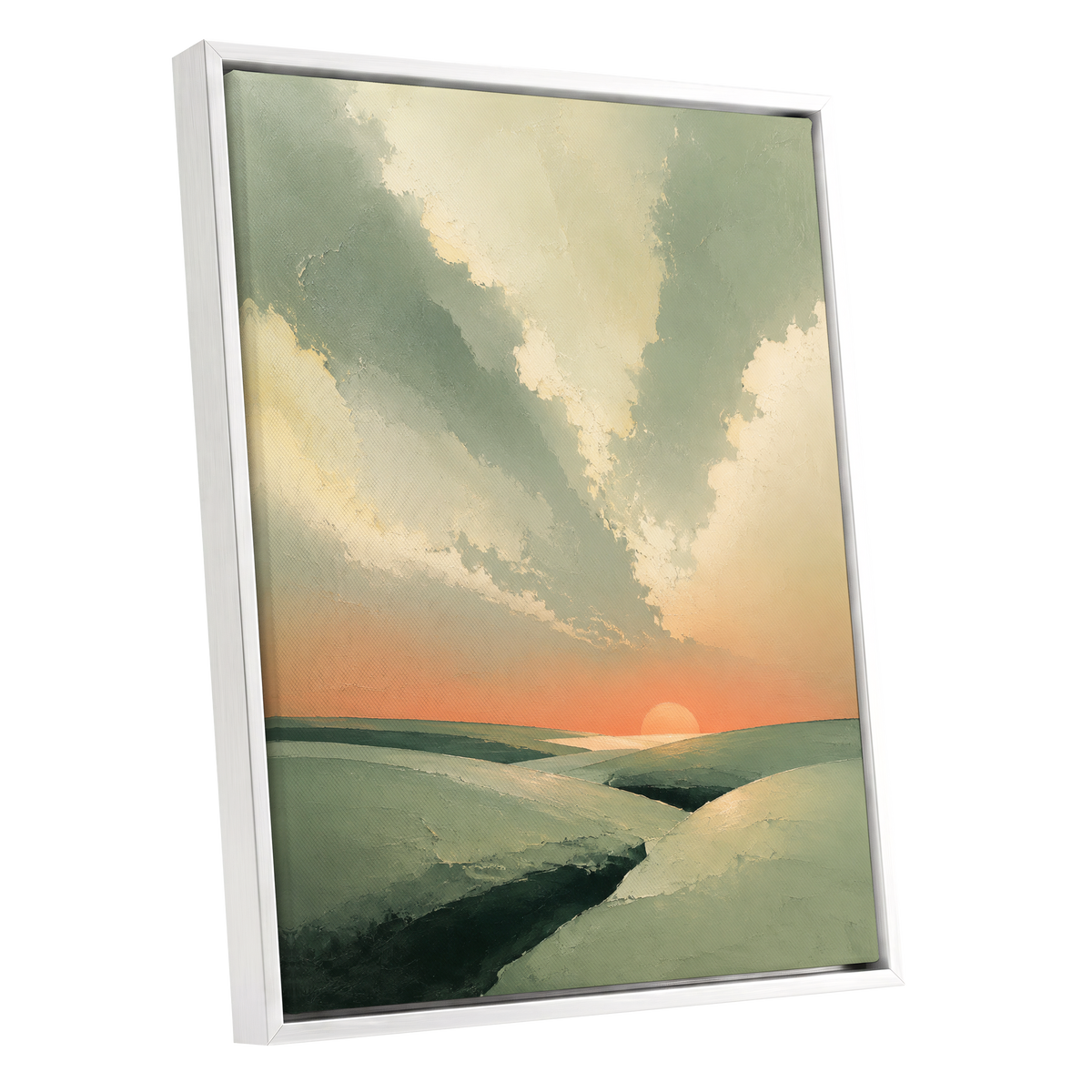 Dusk Across Quiet Hills, green, beige, orange nature wall art shown as a white framed canvas wall art