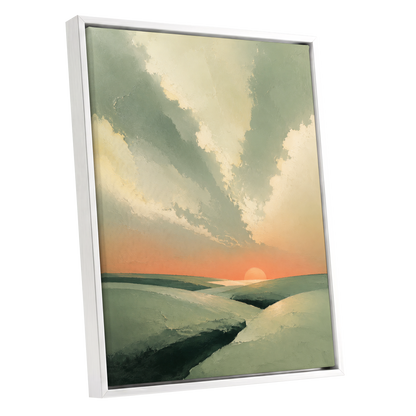 Dusk Across Quiet Hills, green, beige, orange nature wall art shown as a white framed canvas wall art