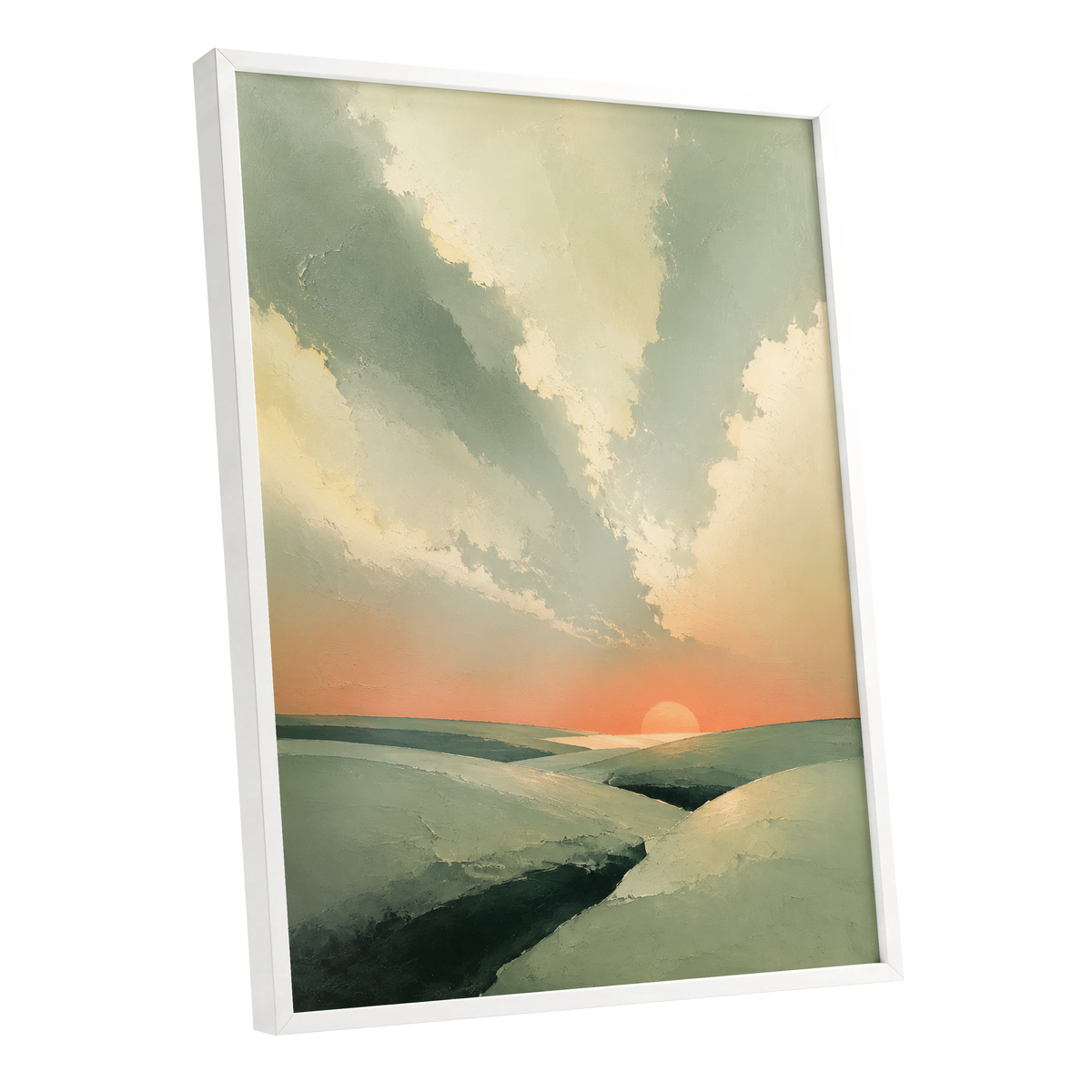 Dusk Across Quiet Hills, green, beige, orange nature wall art shown as a white framed poster wall art print