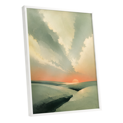Dusk Across Quiet Hills, green, beige, orange nature wall art shown as a white framed poster wall art print
