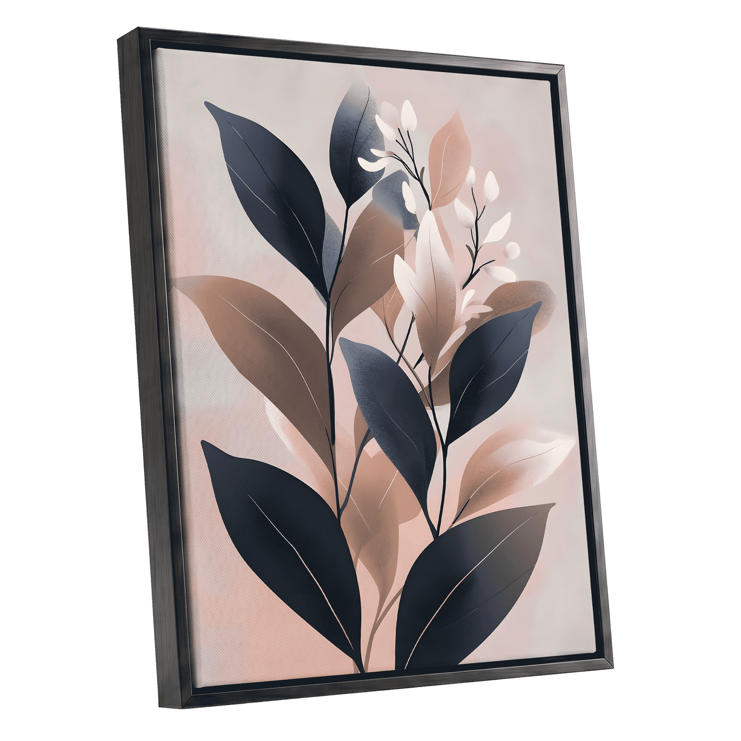 Dusky Botanical Reverie, blue, pink, beige floral wall art shown as a black framed canvas wall art