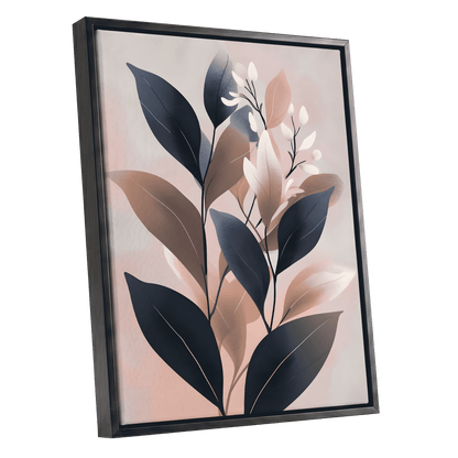 Dusky Botanical Reverie, blue, pink, beige floral wall art shown as a black framed canvas wall art