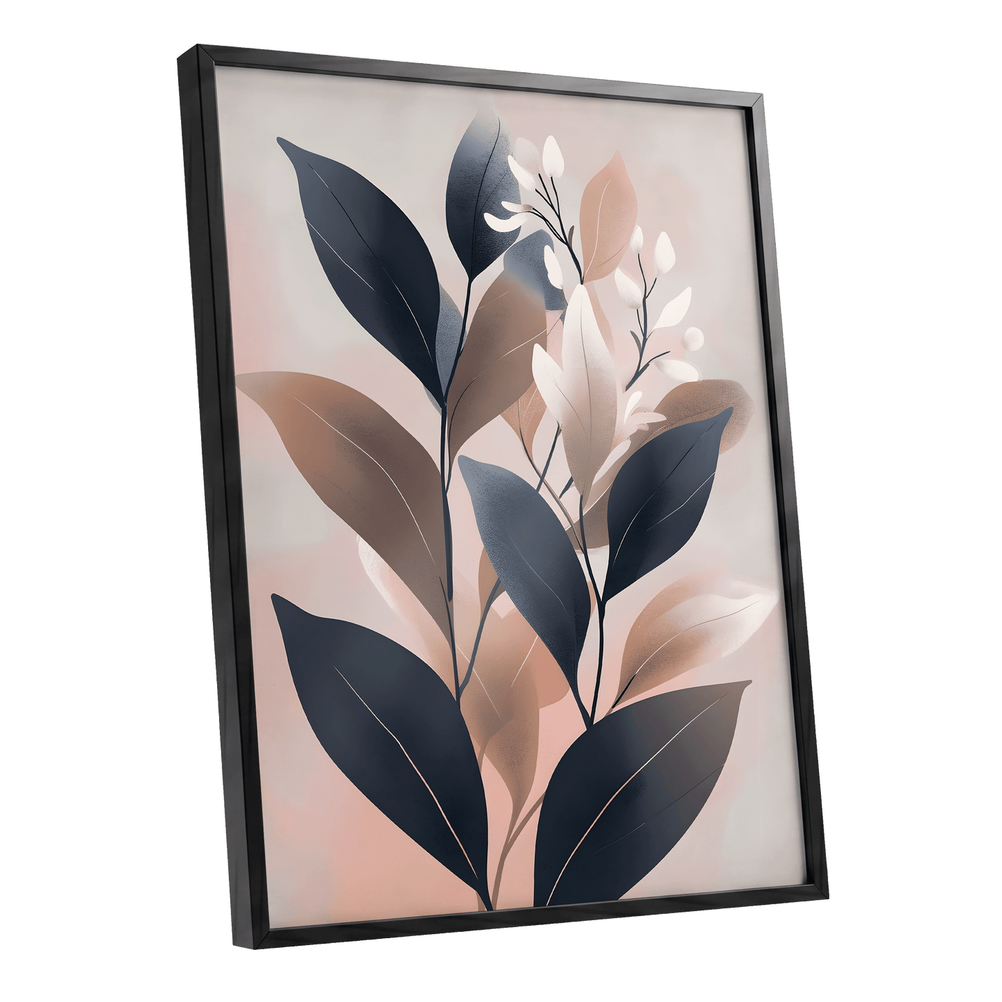 Dusky Botanical Reverie, blue, pink, beige floral wall art shown as a black framed poster wall art print