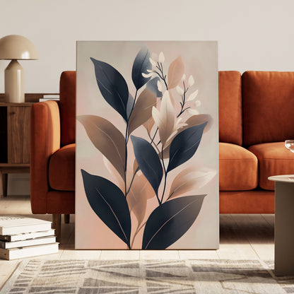 Dusky Botanical Reverie, blue, pink, beige floral wall art on canvas displayed in a styled interior, gallery view 1