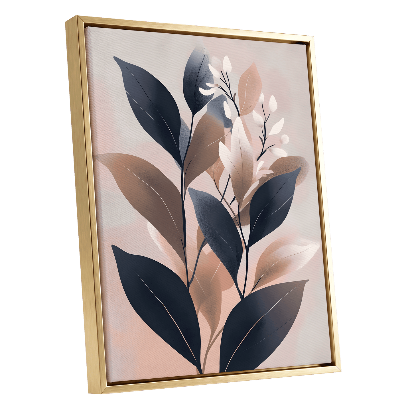 Dusky Botanical Reverie, blue, pink, beige floral wall art shown as a gold framed canvas wall art