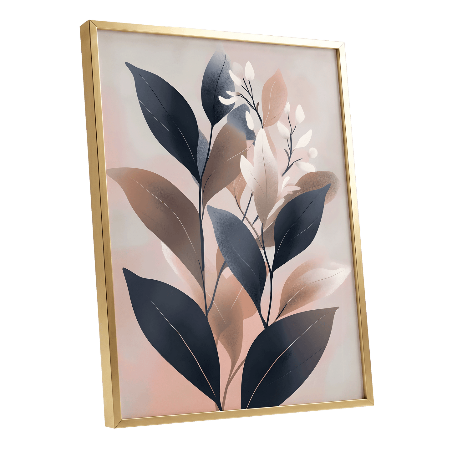 Dusky Botanical Reverie, blue, pink, beige floral wall art shown as a gold framed poster wall art print