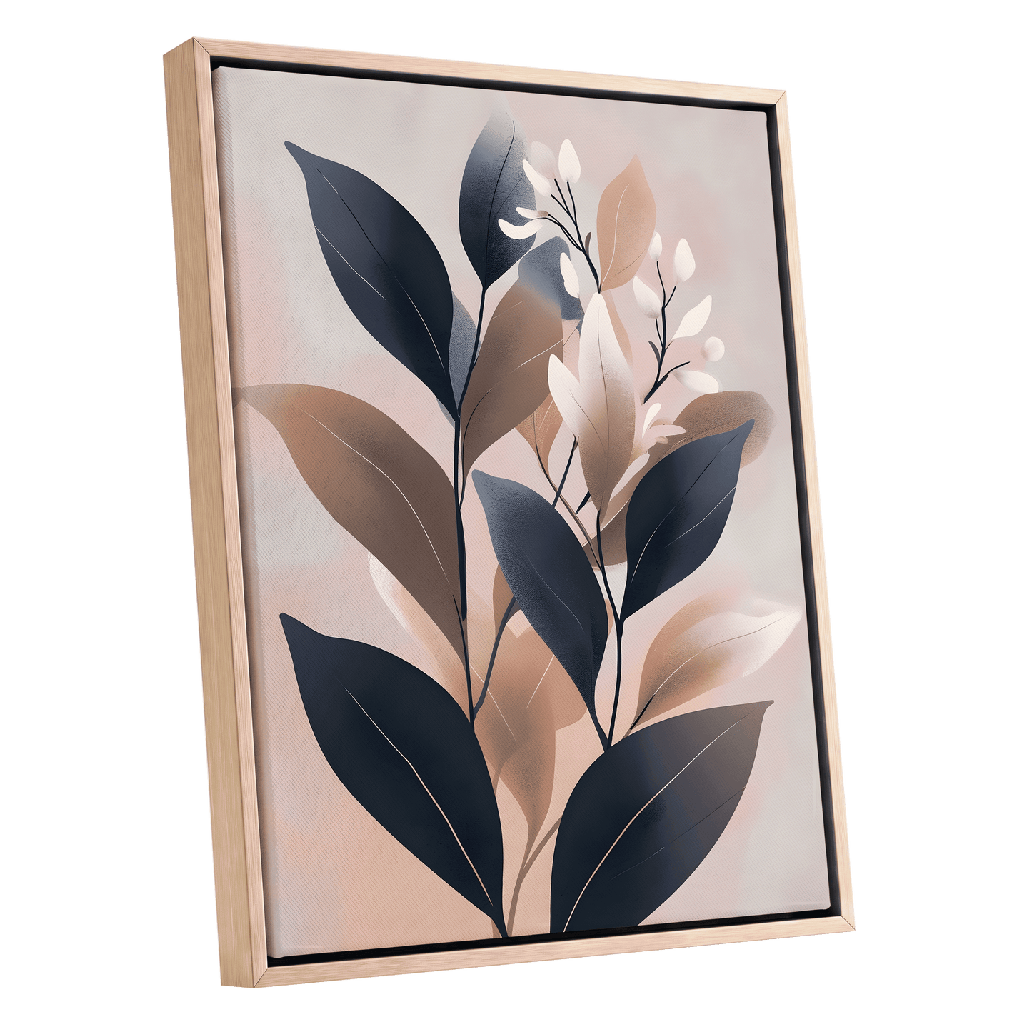 Dusky Botanical Reverie, blue, pink, beige floral wall art shown as a oak framed canvas wall art