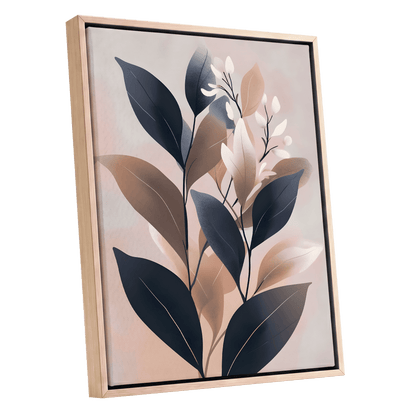 Dusky Botanical Reverie, blue, pink, beige floral wall art shown as a oak framed canvas wall art