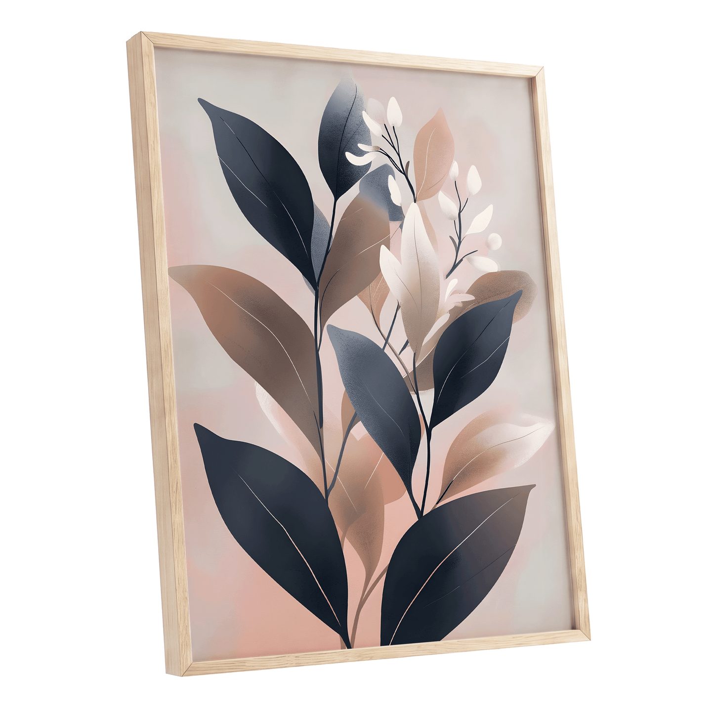 Dusky Botanical Reverie, blue, pink, beige floral wall art shown as a oak framed poster wall art print