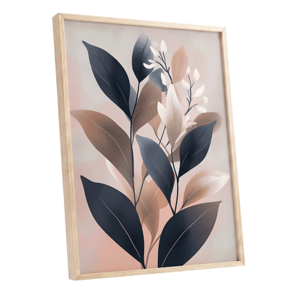 Dusky Botanical Reverie, blue, pink, beige floral wall art shown as a oak framed poster wall art print