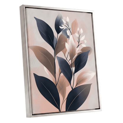 Dusky Botanical Reverie, blue, pink, beige floral wall art shown as a silver framed canvas wall art