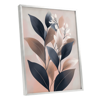 Dusky Botanical Reverie, blue, pink, beige floral wall art shown as a silver framed poster wall art print