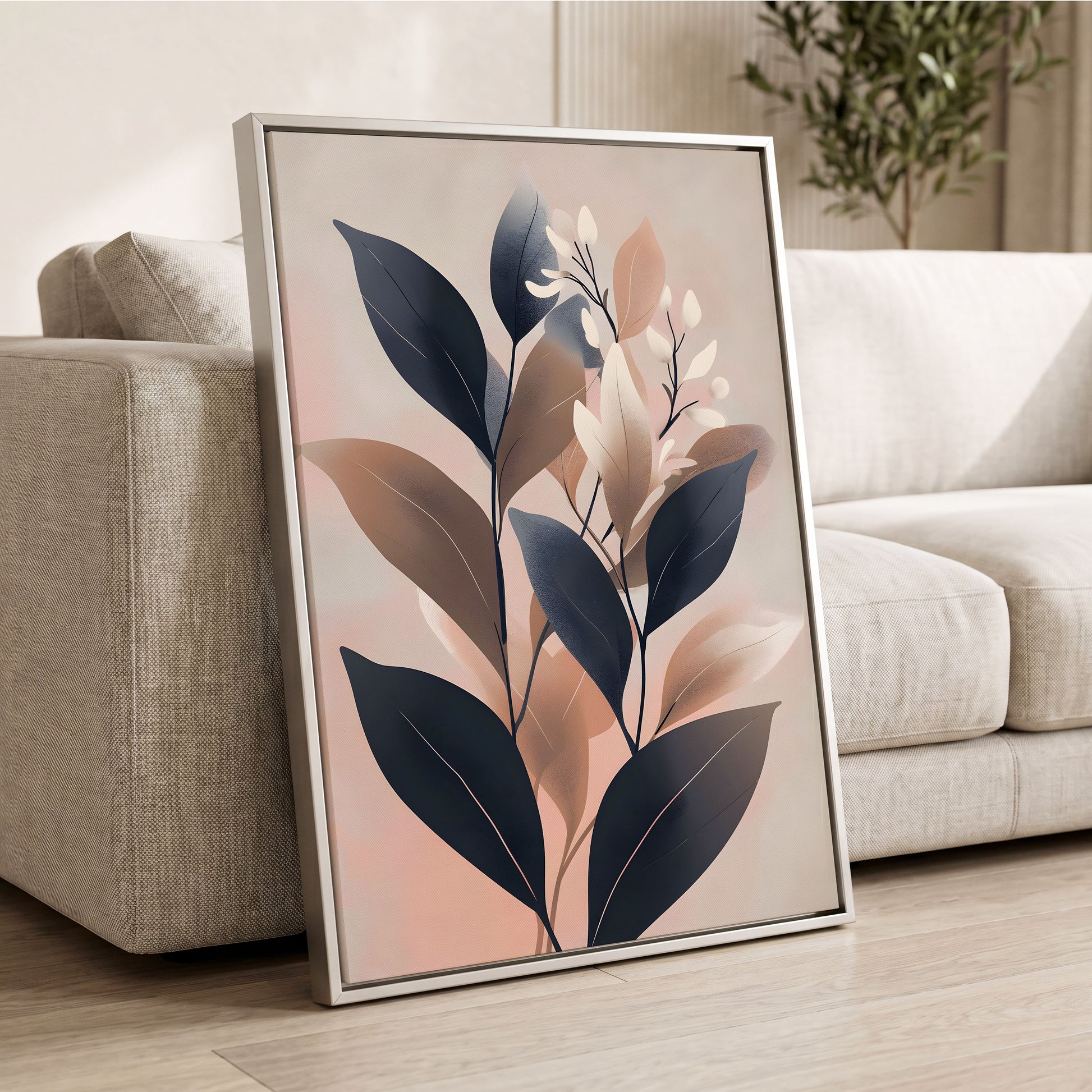 Dusky Botanical Reverie, blue, pink, beige floral wall art displayed in a styled interior, gallery view 2