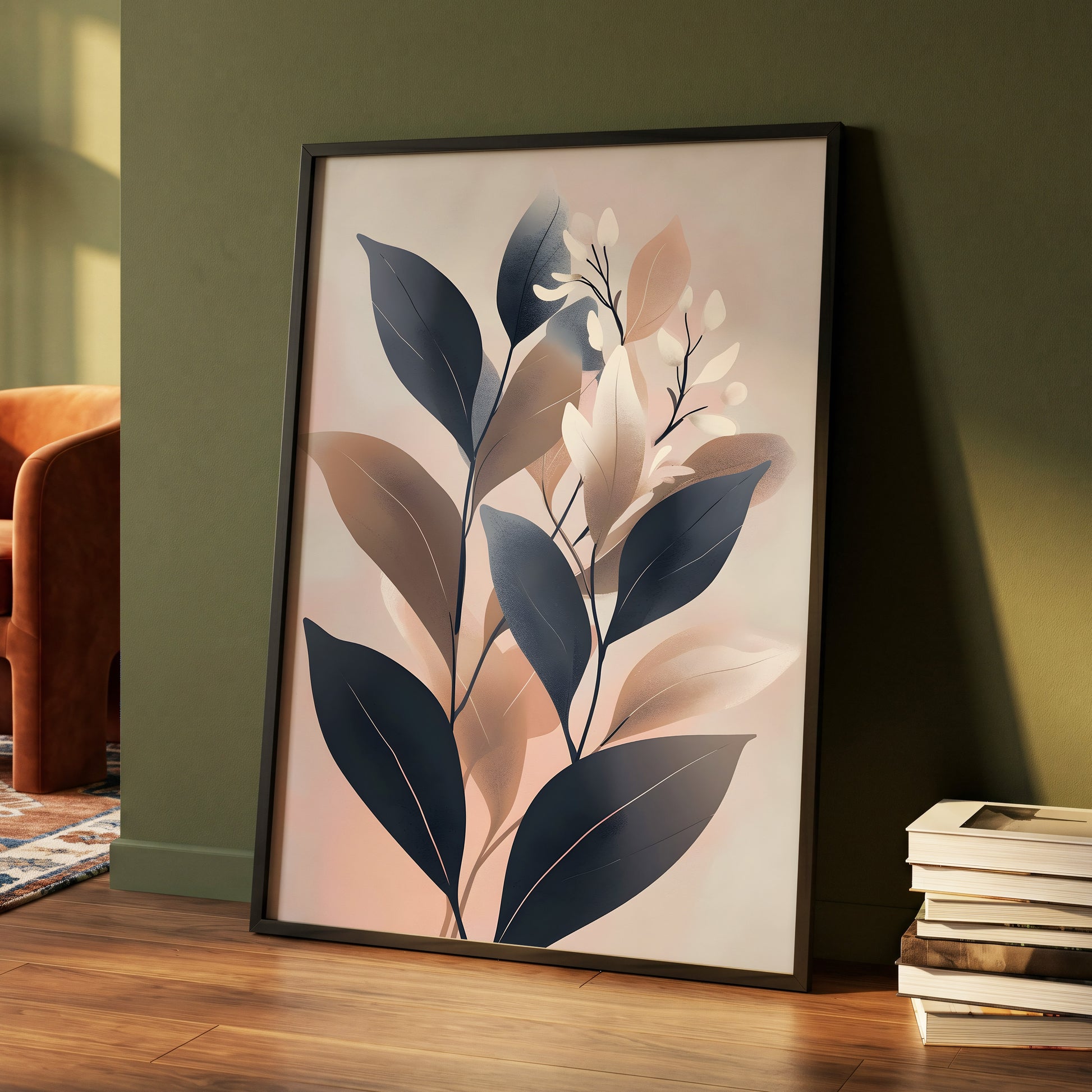 Dusky Botanical Reverie, blue, pink, beige floral wall art displayed in a styled interior, gallery view 4